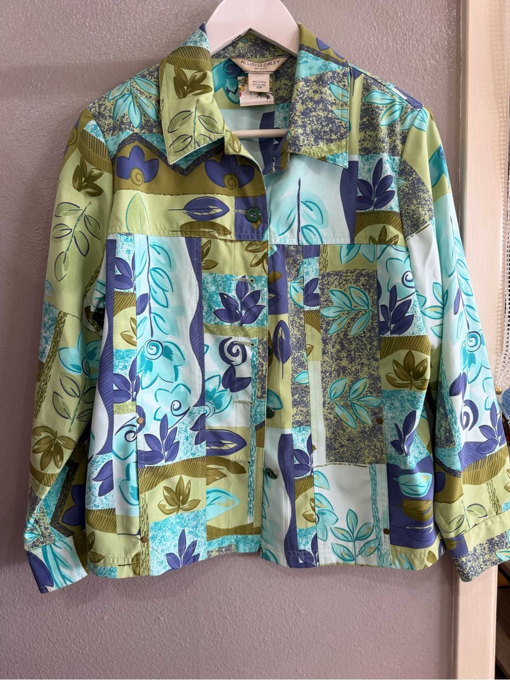 Allison Daley Patchwork Floral Jean Jacket in Green, Teal & Blue